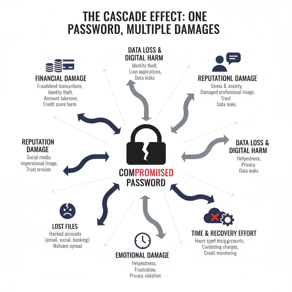 Infographic showing how one compromised password can lead to multiple types of damage - financial, reputational, emotional